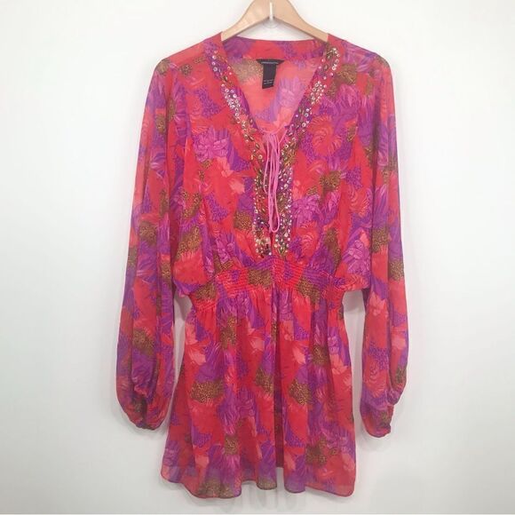 Moda International Pink Tropical / Cheetah Gathered Tunic Sparkle Blouse - Picture 1 of 12